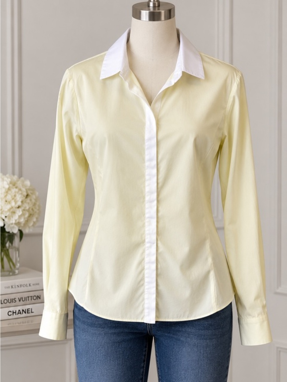Lafayette 148 New York Silk-Like Blouse  Yellow White Contrast Collar Sz 10